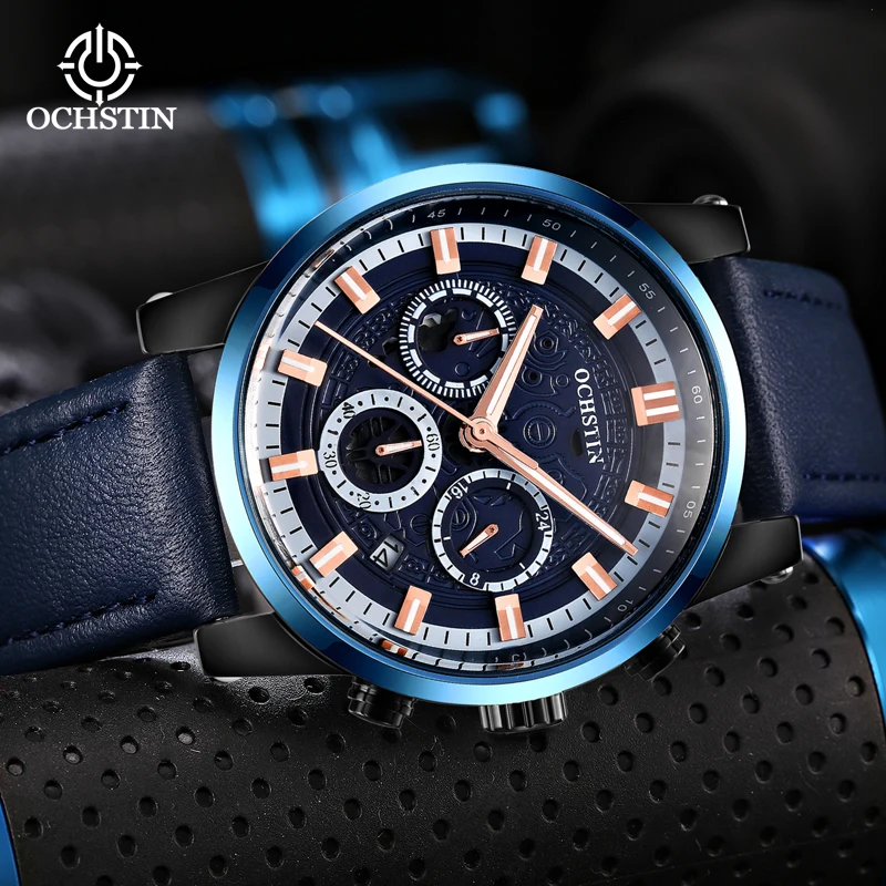 Ochstin 2024 Casual Leather Strap Men Sports Watch Quartz Men's Wristwatch Relogio Masculino reloj hombre Montre Homme Sa