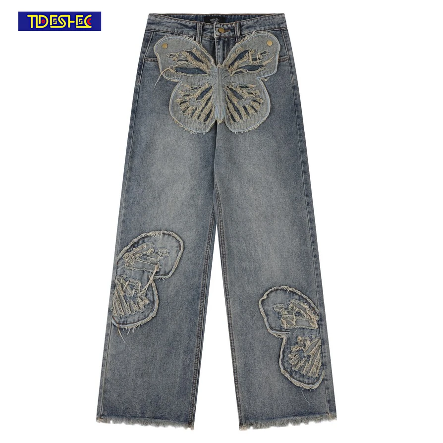 

High Street Distressed Casual Jean Pants Butterfly Patches Embroidered Washed Straight Leg Pants Vintage Baggy Fitting Jeans Men