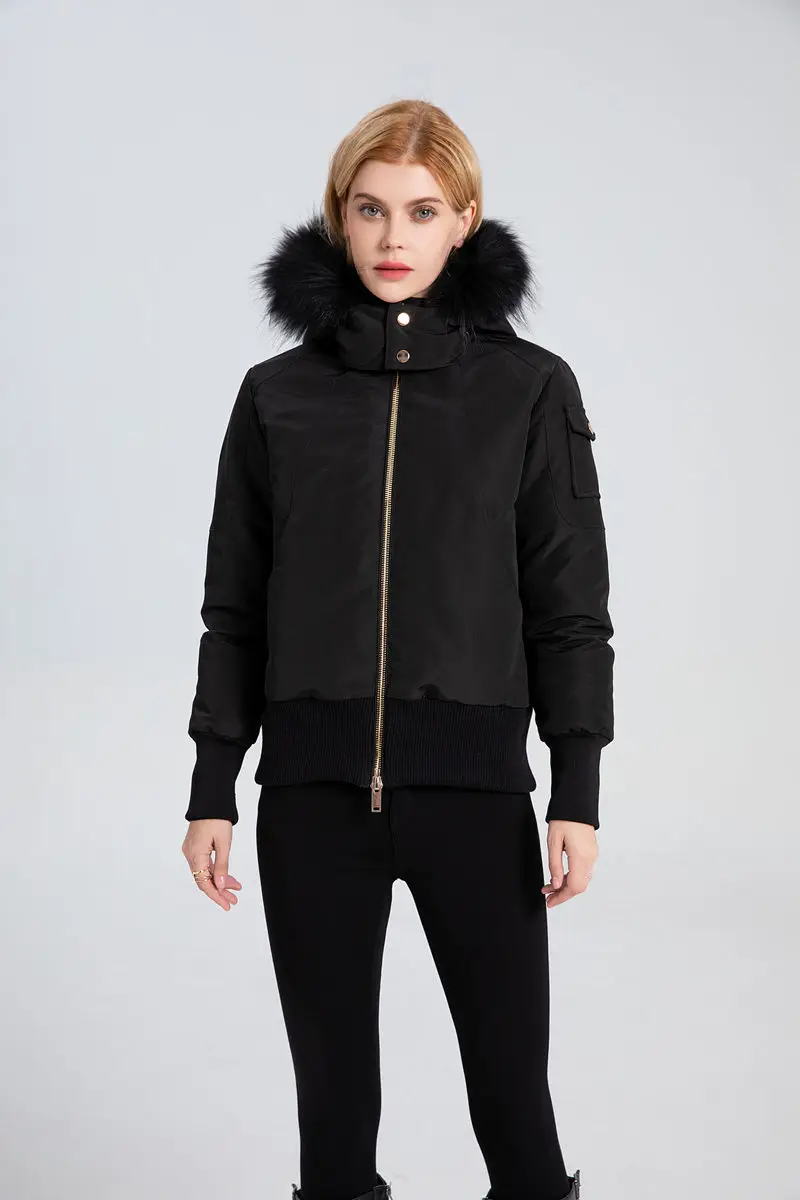 AS winter fashion woman bomber coat filled down Adult jacket with nature fur metal gold zipper