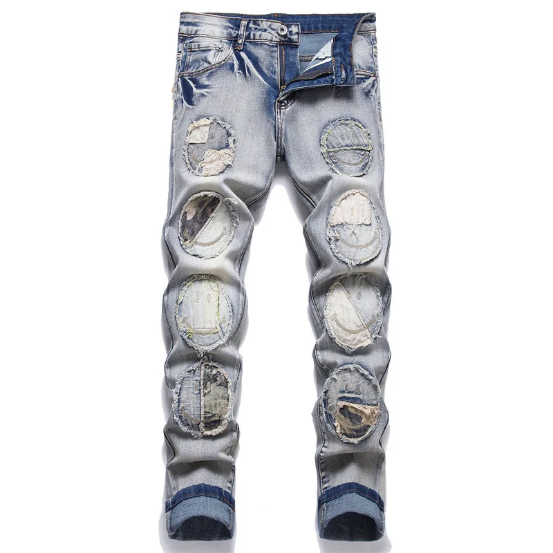 

Men's jeans broken fashion urban ground white stick cloth mid-waist men's pants tide brand personality casual jeans