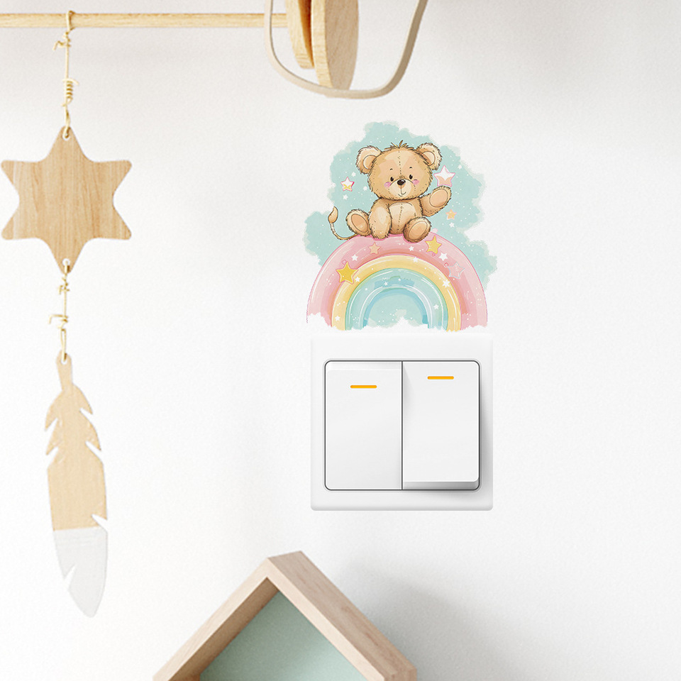 Cartoon Rainbow Bear Switch Wall Sticker Kids Room Switch Decoration Mural Cute Animal Bedroom Home Decor Self-adhesive Decals