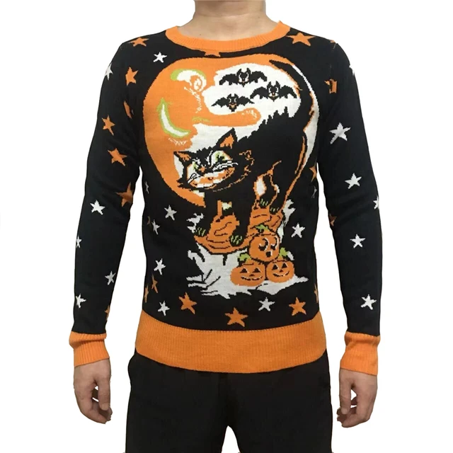 Cute Knit Crewneck Cosy Vintage Star Bats Pumpkin Black Cat Pattern Women  and Mens Ugly Halloween Sweater - AliExpress
