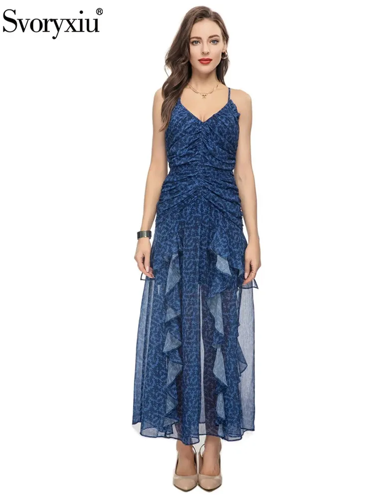 

Svoryxiu Summer Runway Fashion Vintage Print Spaghetti Strap Midi Dress Dress Women's Square Collar Ruffles High Waist Dress