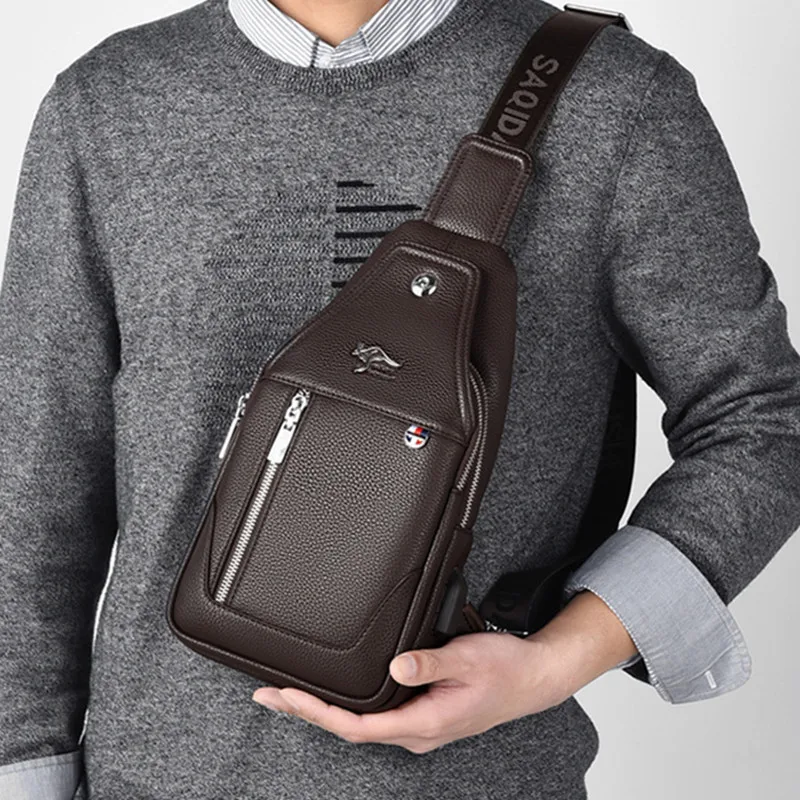 New Business Men's Chest Bag Fashion Leather Shoulder Messenger Bag USB Charging Crossbody Bag Travel Male Sling Bag