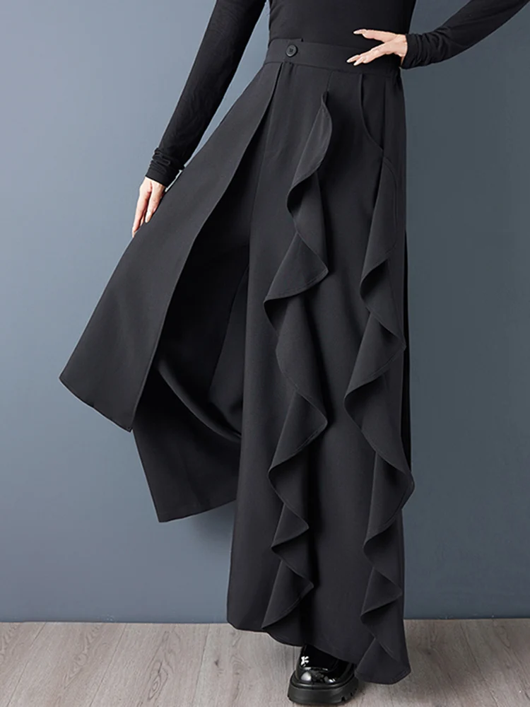 Black Vintage Spliced Ruffles High Waist Wide Leg Pants Women New Loose Casual Trousers Fashion Streetwear Spring Autumn 2025
