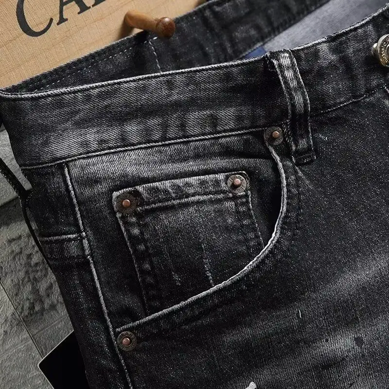 2025 Denim Shorts Men's Summer Trend Brand Printed Embroidered Trend Slim-Fit Casual Elastic Black Trousers Man Jeans Pants 4