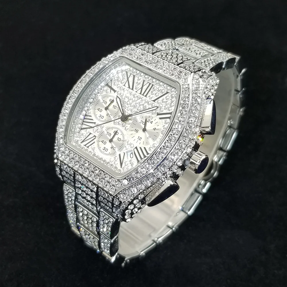 Top Brand Luxury Diamond Watch Men High Quality Stainless Steel Quartz Wristwatch Hip Hop Ice Out Waterproof Chronograph Watches
