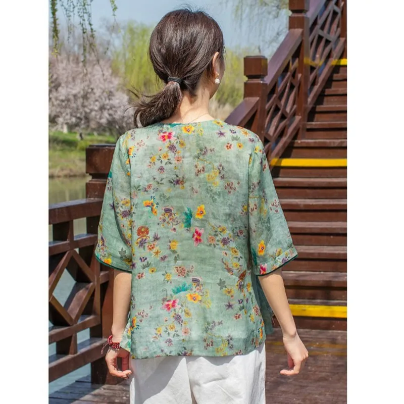 Women Chinese Shirt Vintage Cotton Linen Floral Print V Neck Chinese Style Female Hanfu Blouse