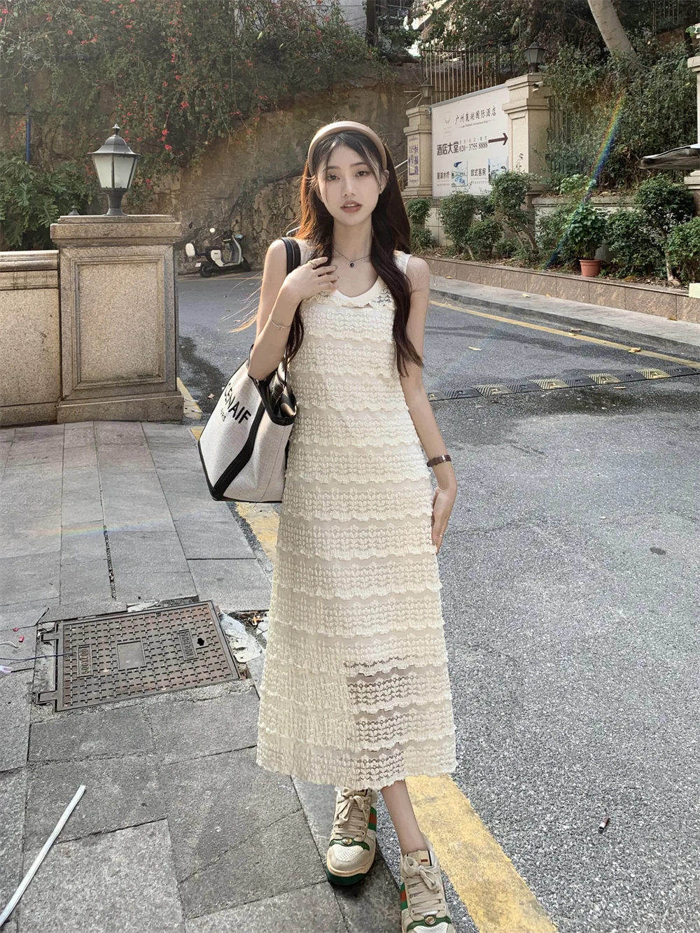 

2023 Summer Petal Lace Loose Straight Medium Length Sling Dress Women Knitting Korean Fashion Long Dresses for Women