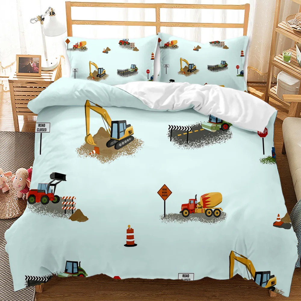 Boys Cartoon Car Bedding Set Full Construction Vehicles Comforter Cover for Kids Children Cartoon Machinery Truck Duvet Cover