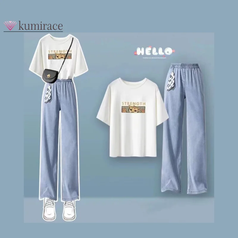 2024 Summer New Suit Women's Korean Version Loose Short Sleeve T-Shirt Wide-leg Jeans Fashion Two-Piece Set