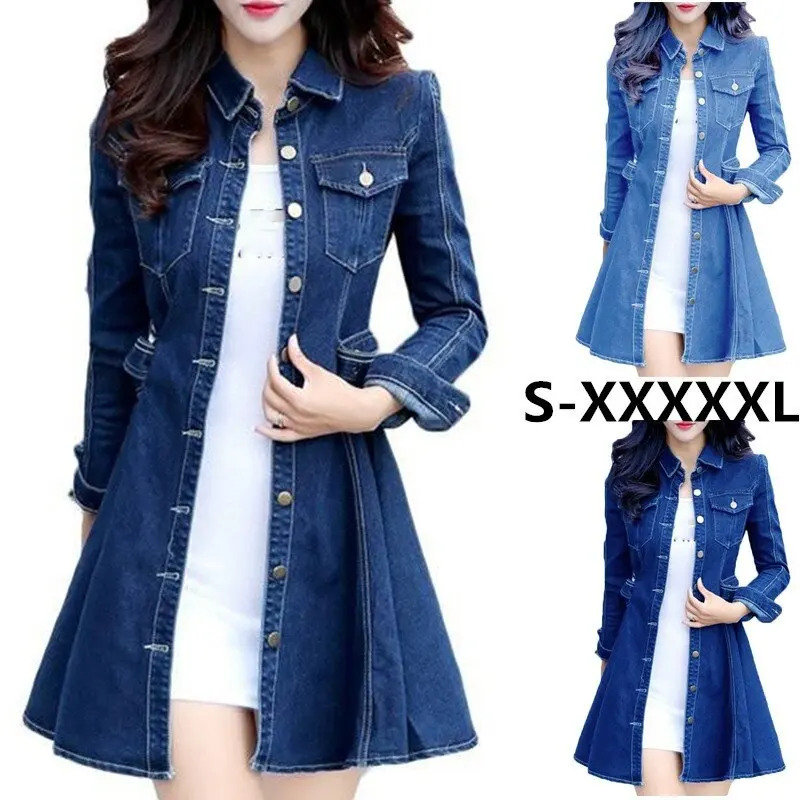 

S-5XL Women Long Denim Jacket Fashion Casual Spring Autumn Slim Windbreaker Jean Coat Outwear Blue