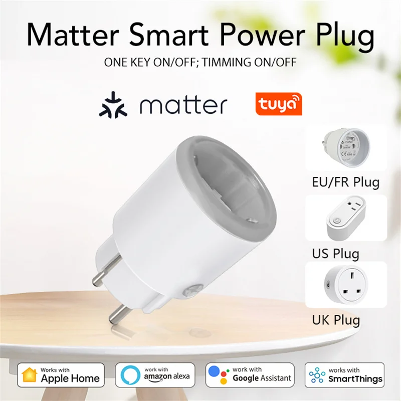 Tuya Smart-new Matter Plug com Monitoramento de Energia 16a ue Eua fr uk Outlet Trabalhar com Homekit Alexa Google Home Smartthings