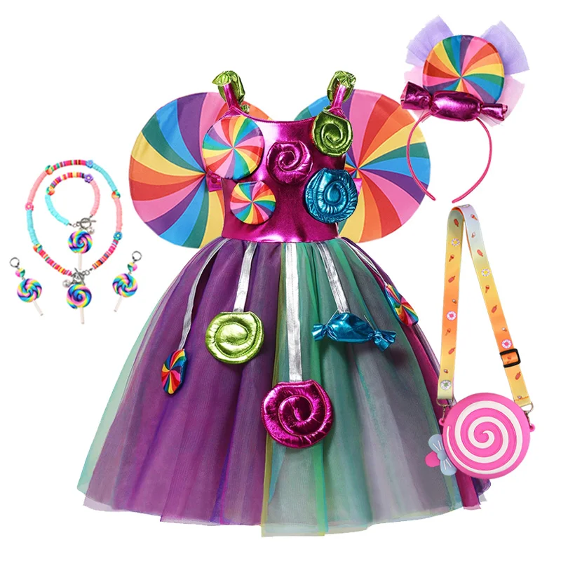 thumbnail image 1 of Disfraz de arcoíris con estampado de piruleta para niños, vestidos de princesa con diadema, ropa de fiesta de cumpleaños y Navidad, 2-10 años, 1 of 5