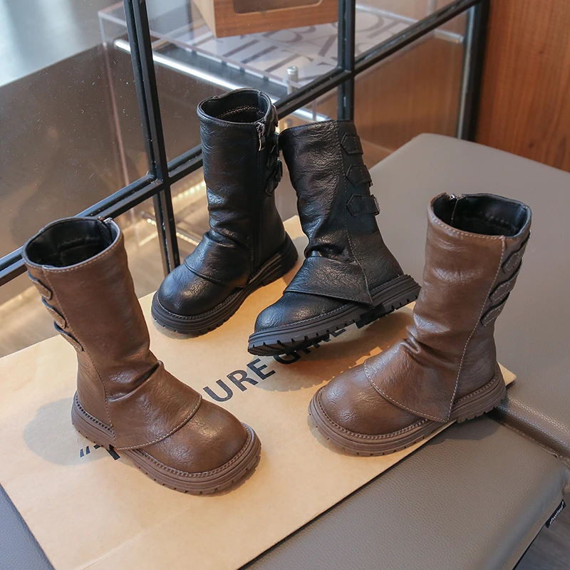 Girls Mid-calf Boots Fashion Children Long Boots Simple Thick Bottom Classic Kids Catwalk Leather Boots 2025 Winter New