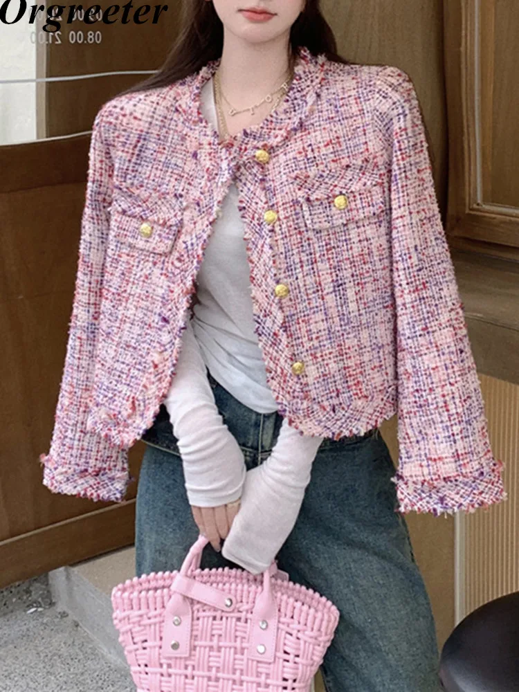 

Autumn Woman Jacket O Neck Long Sleeve Tassel Pink Blazer Jaqueta Feminina Tweed Coat Chaquetas Para Mujer Chic Elegant Clothes