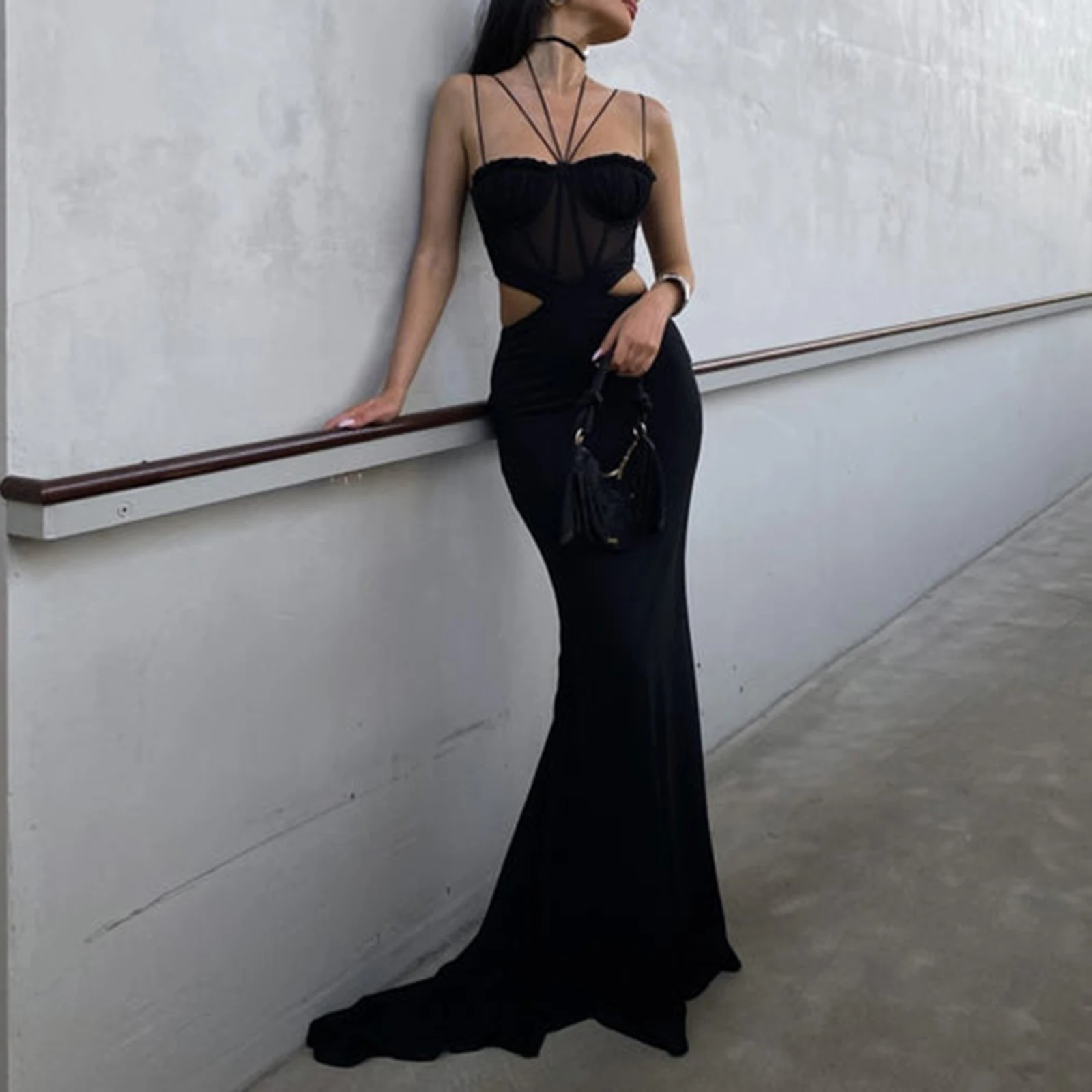 

Women’s Halter Sleeveless Slim Dress Cutout Waist Symmetrical Spaghetti Strap Dress Fashion Elegant Evening Party Dresses