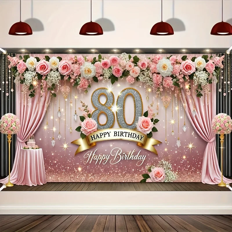 The background banner for the 80th birthday party, made of polyester ...
