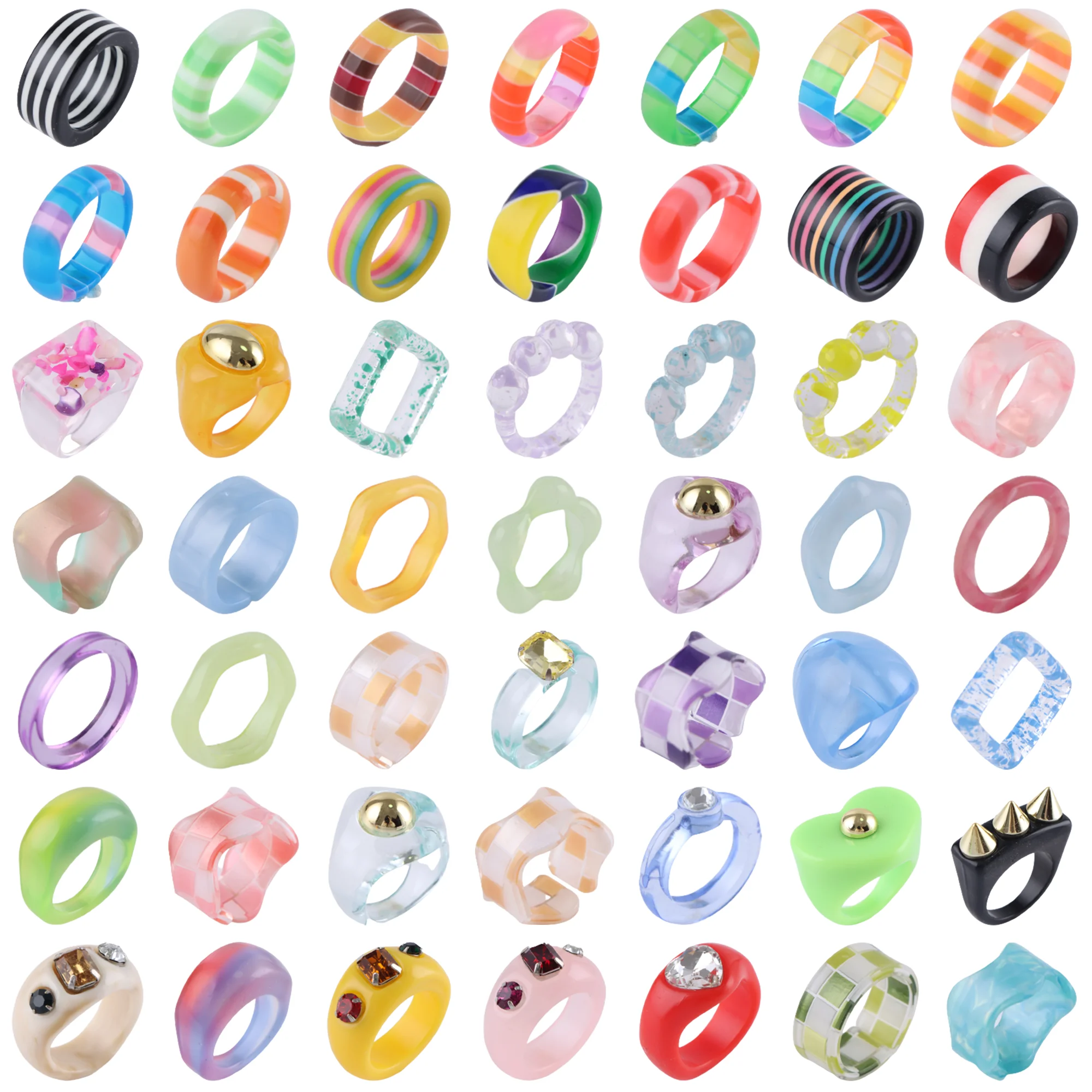 

50Pcs/Lot Fashion Sweet Colorful Round Geometric Resin Ring Women Girl Vintage Design Finger Jewelry Gift Mixed Style Wholesale