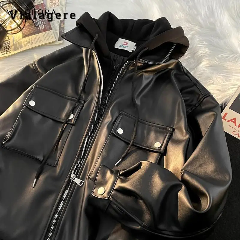 

Women Motocycle Style Casual Y2K Hip-hop Faux Leather Jacket 2023 Autumn Winter Vintage Black Long Sleeve Zipper Faux Jacket