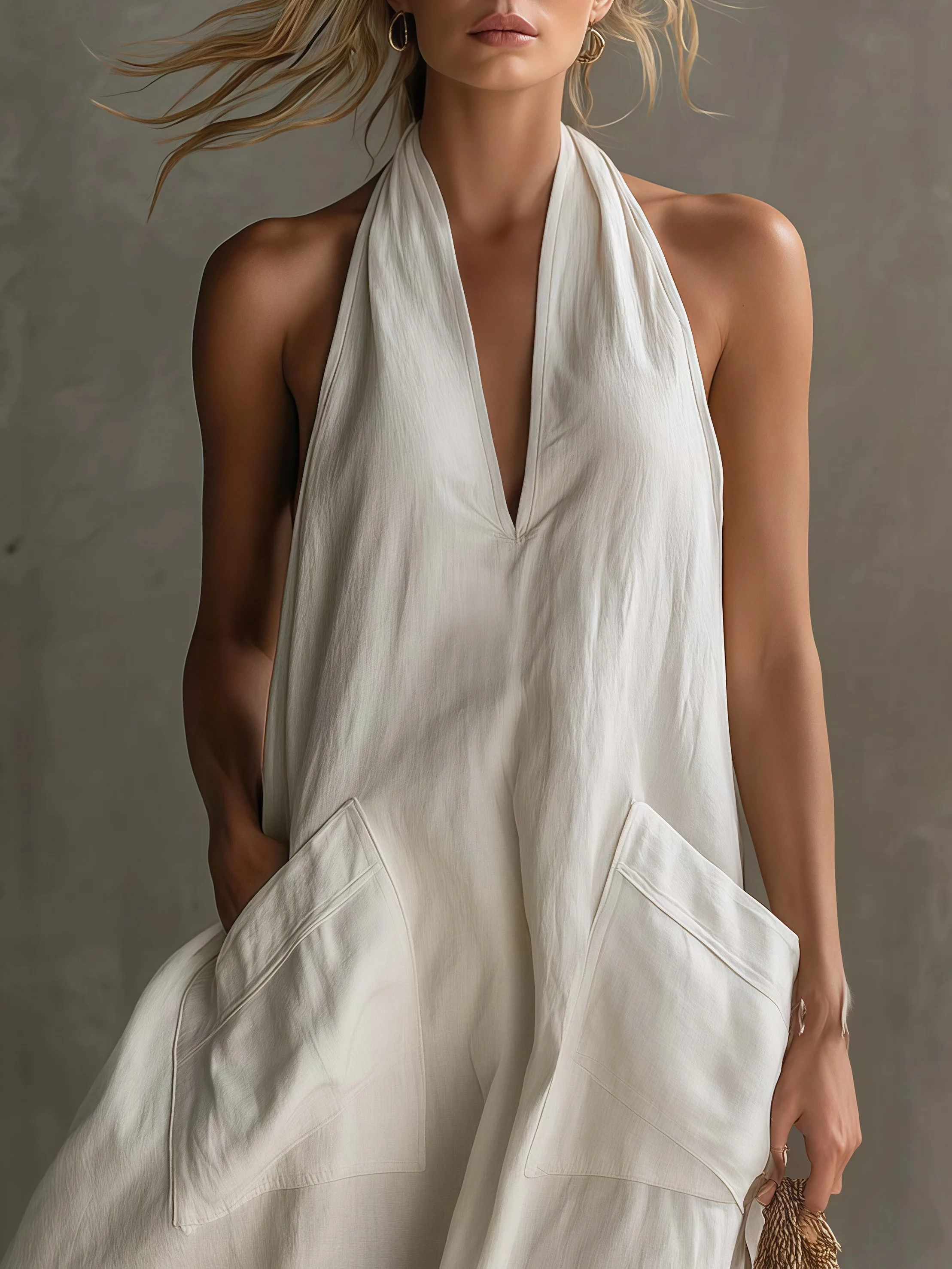 Women's Linen Halter Maxi Dress V Neck Sleeveless Loose Flowy Summer Casual Beach Dress with Pockets 2