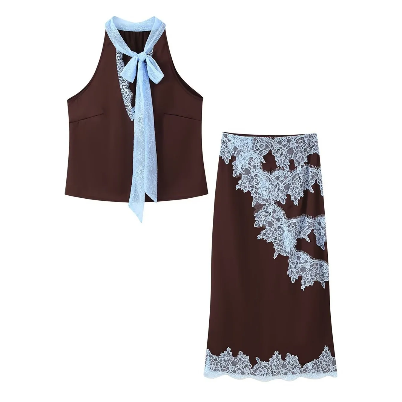 Women Spring Summer New Sexy Lace Embroidery Splicing Skirt Set Or Female Elegant V-Neck Lace-Up Vest Top Or Lady Half Skirt