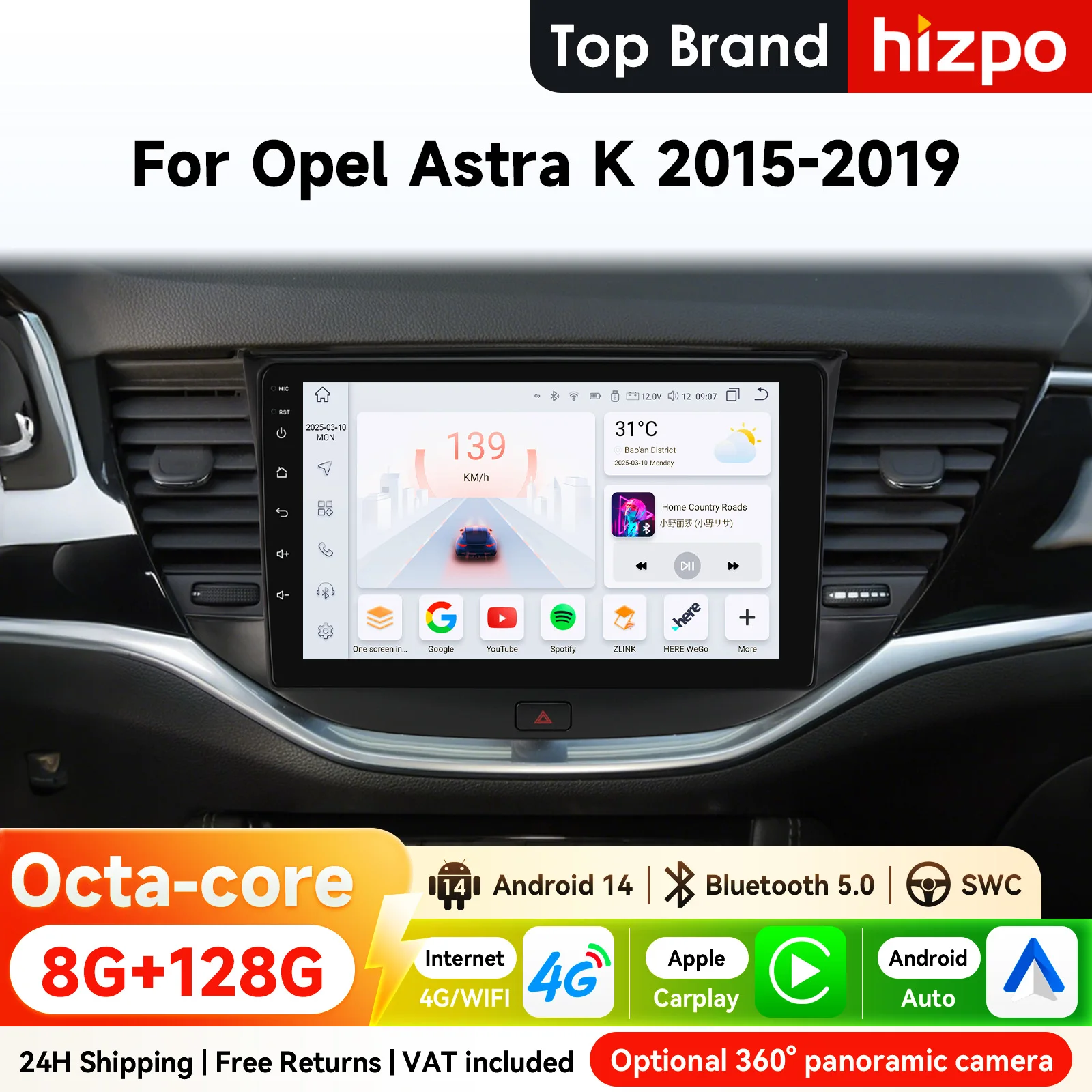Radio para coche Hizpo de 9 pulgadas y 2 DIN con sistema Android para Opel Astra K 2015 - 2019, navegación GPS, CarPlay inalámbrico, Bluetooth, 4G, WiFi, RDS, DSP, SWC, Snapdragon 6115, 360. ° CAM 1