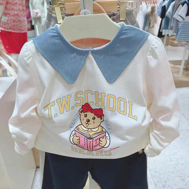 

bear print fashion full sleeves tees baby girl peter pan neck white t-shirt tops matching family outfits