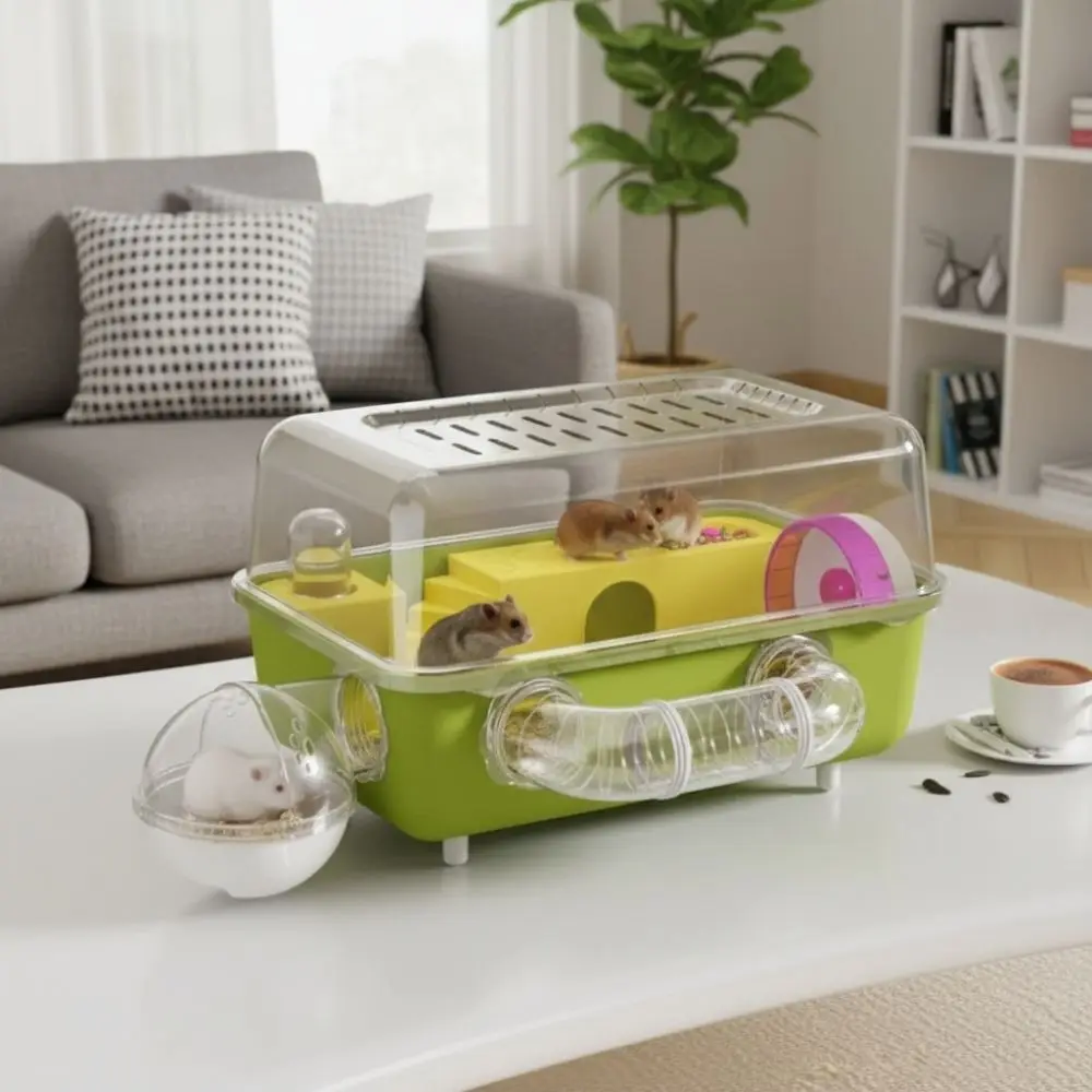 Panoramic View Hamster Cage Double Clear Running Wheel Animal Observation Cage Water Bottle Ventilation Pet Habitat