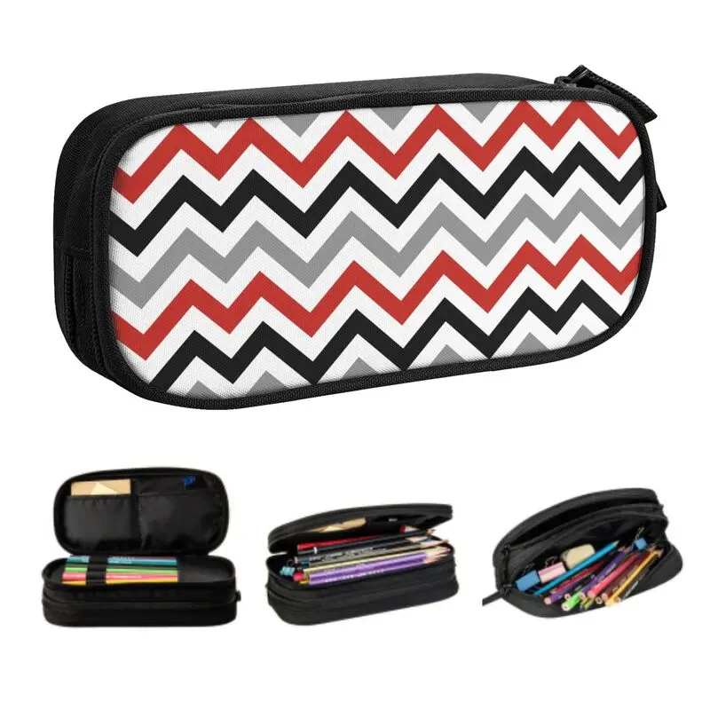 

Korean Zig Zag Stripes Modern Red Black White Gray Pencil Case Zigzag Geometric Large Capacity Pen Box Bag School Accessories