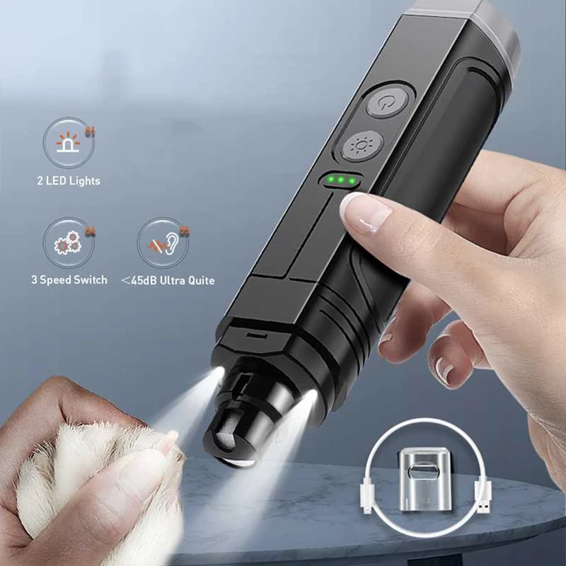 Electric pet nail grinder professional dog nail clippers + 2 LED light rechargeable cat claw grooming spare parts