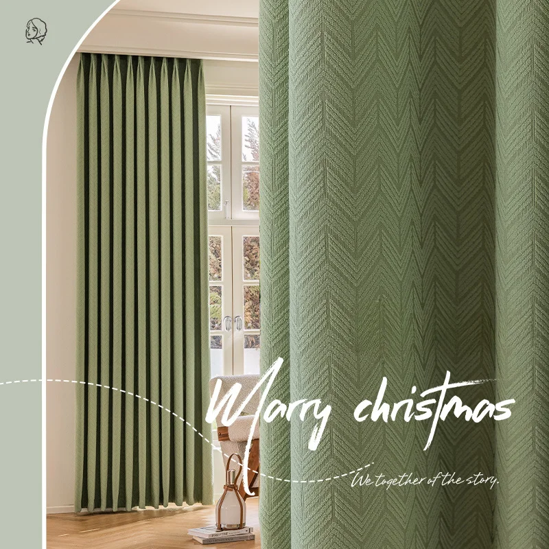 

Chenille curtains blackout 2023 new herringbone lattice light luxury modern minimalist bedroom living room green small fresh