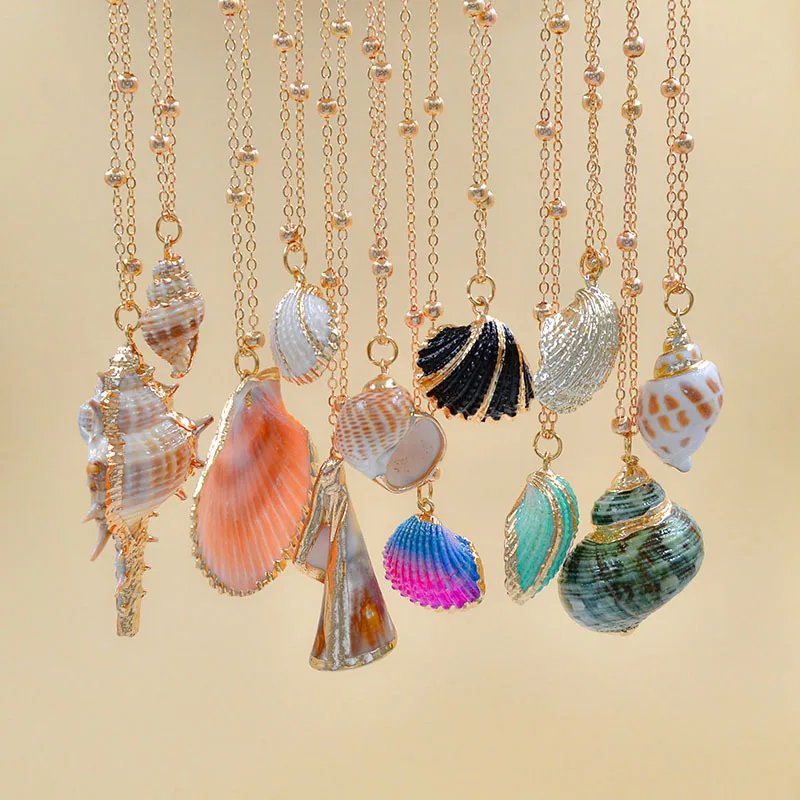 

Natural Shell Pendant Necklace Women Metal Bead Chain Chocker Fashion Bohemian Jewelry Marine Conch Seashells Accessories