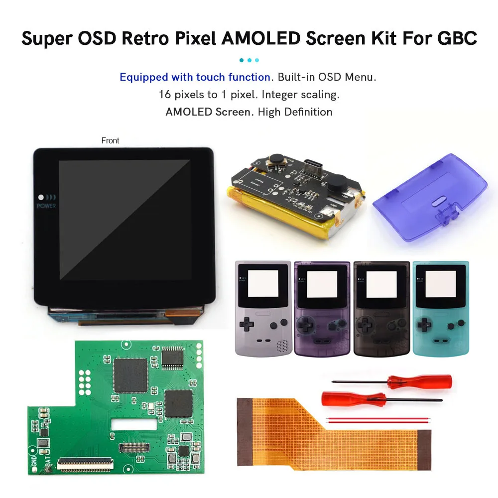 

Newest Rechargable OLED Screen Touch Laminated OSD Menu AMOLED Screen For GBC With Pre-cut Shell 1500mAh Type-C Lithium Battery