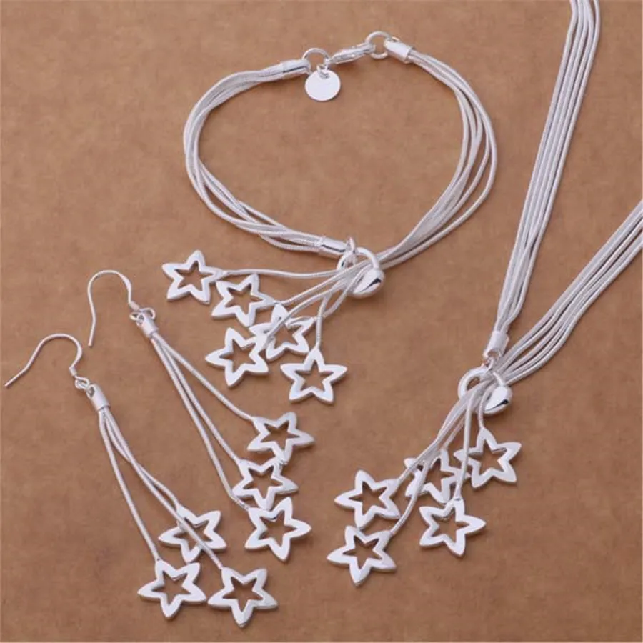 

Fine Jewelry Set 925 Sterling Silver Classic for Women Lady Wedding Star Bracelet Necklace Earring Chain Hot Gift