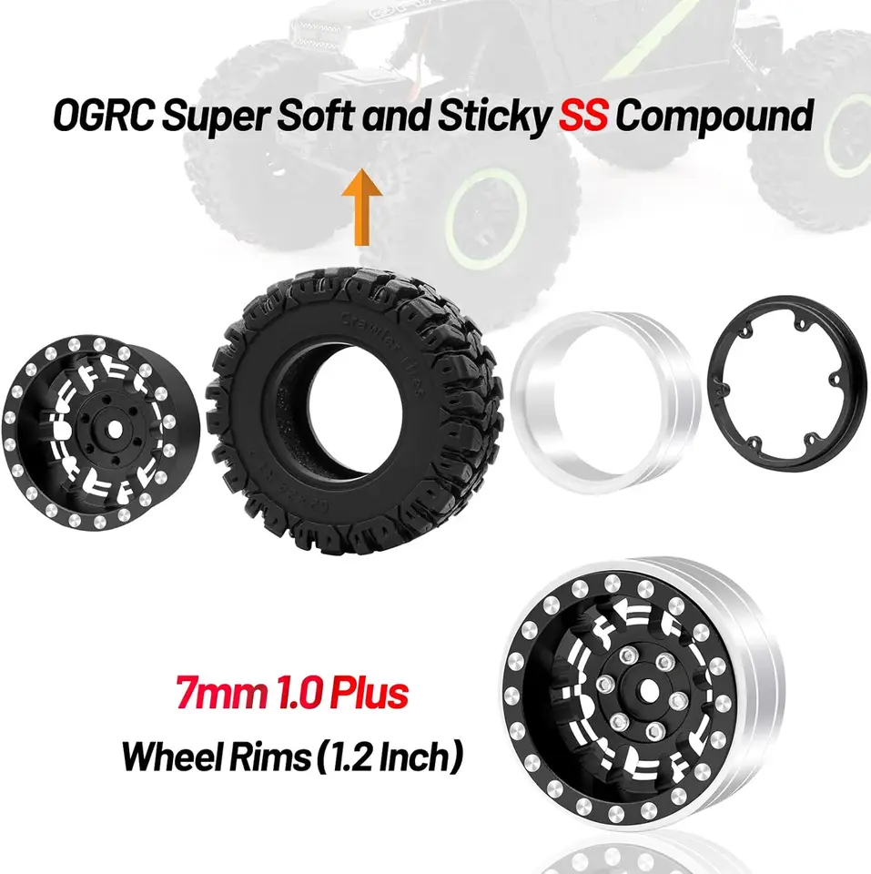 thumbnail image 2 of 1.2 Beadlock Wheels & Tires For TRX4M & SCX24 RC Crawlers - 4 Offsets Aluminum Rims 2 of 9