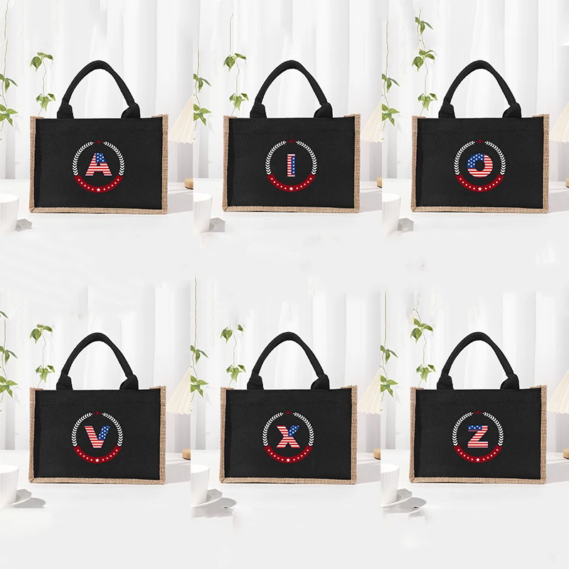 Star Banner Letter Printed Pattern Black Patched Linen Canvas Handbag, Interior Waterproof Large Capacity Commuter Bag