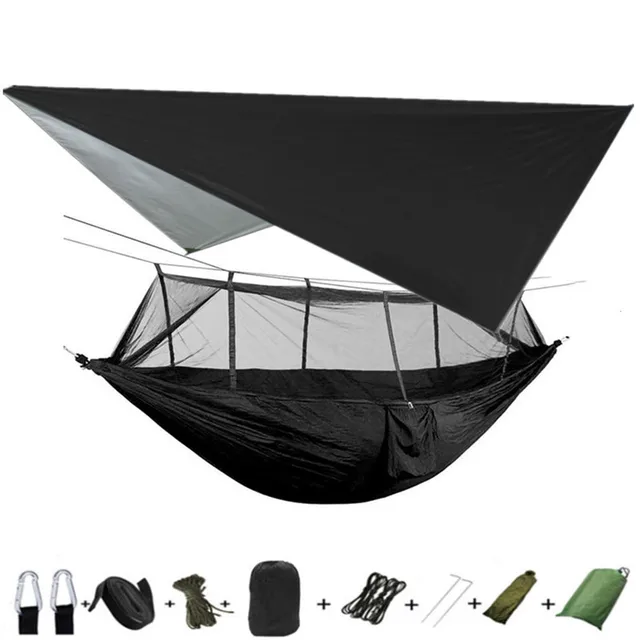 Lightweight Portable Camping Hammock and Tent Awning Rain Fly Tarp Waterproof Mosquito Net Hammock Canopy 210T Nylon Hammocks Black and black