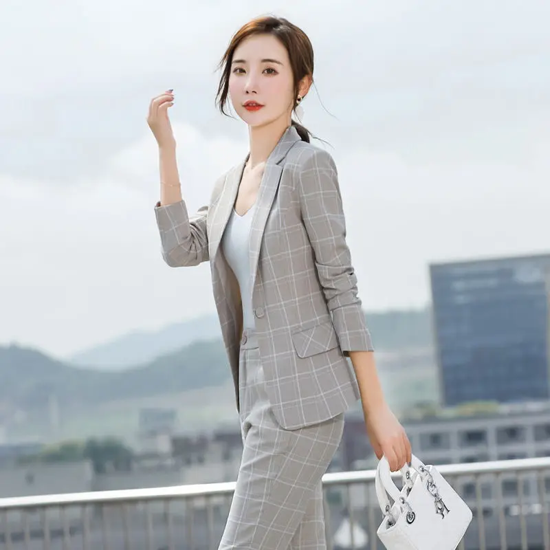 Plaid Splice Slim Fit Jacket Blazer Casual Wide Leg Pants Two Piece Elegant Women's Pants Suit Summer Office Business Set Outfit