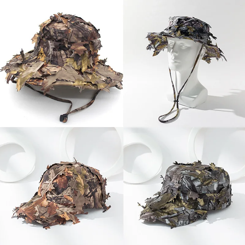 Men's Camouflage Boonie Hats 3D Leaves Camo Tactical Ghillie Cap Hunter Sniper Baseball Cap Fishing Sunshade Hunting Accessories