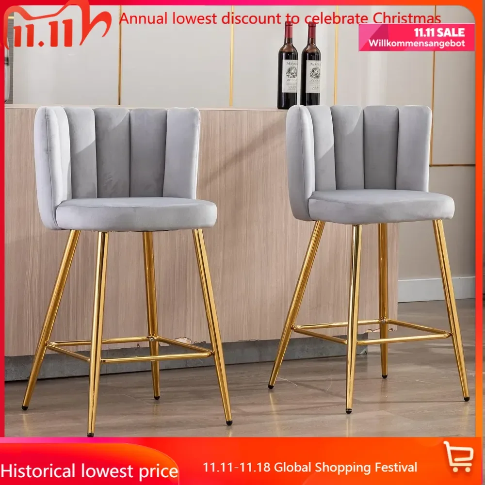 Gold Bar Stools Set of 2 Velvet Counter Height Chairs Back Upholstered Kitchen Stools Modern Barstools