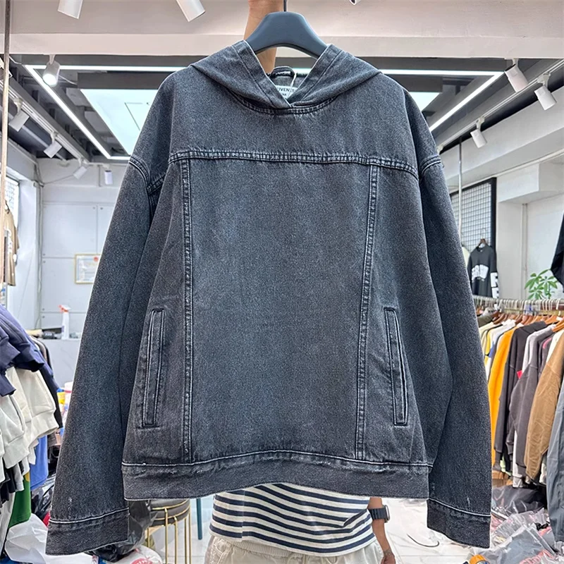 

Solid Color Denim Hoodie Men Women High Quality Washed Vintage Hooded Coats Oversize Heavy Fabric Top