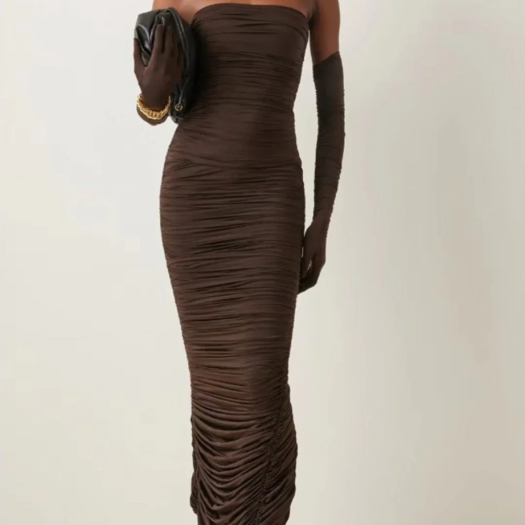 

2024 Spring High Quality Coffee Ruched Off Sexy Nylon Midi Dress