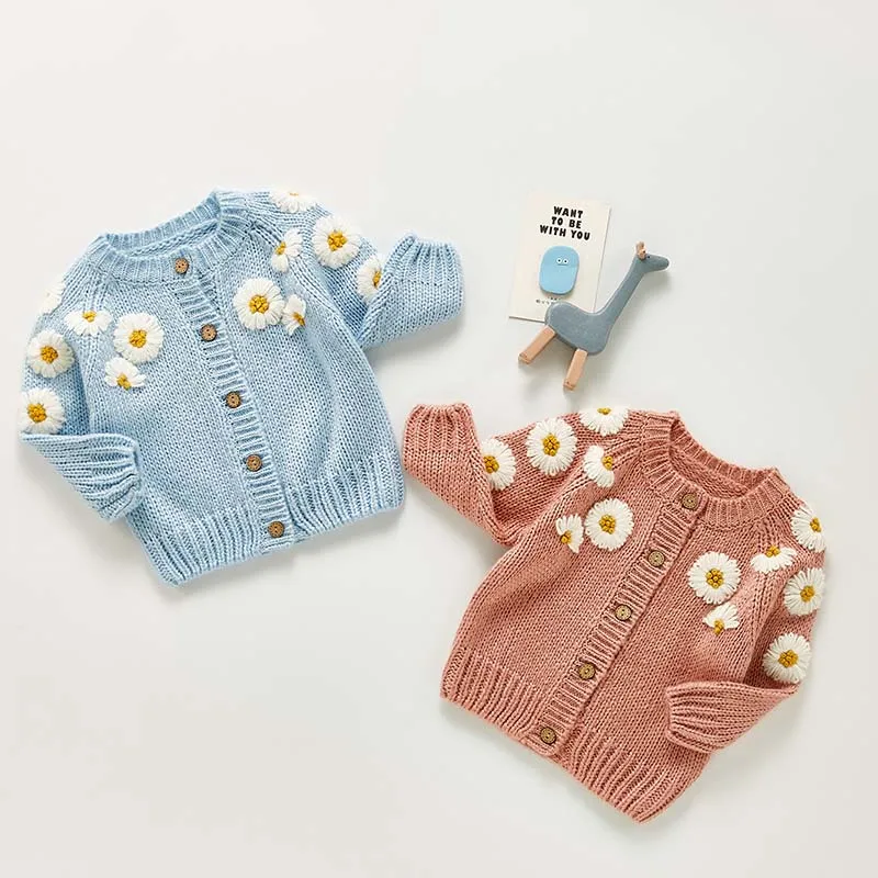 Autumn Newborn Girls Cardigan Sweater Coat Infant Girls Long Sleeve Daisy Flower Top Toddler Baby Girl Clothes Embroidered Coats baby girls sweater