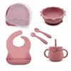 4/5/6 PCS Baby Bibs Cartoon Sucker Bowl Plate Cup Spoon Fork utensilios Sets BPA Free Children's tableware Dishes baby stuff 1