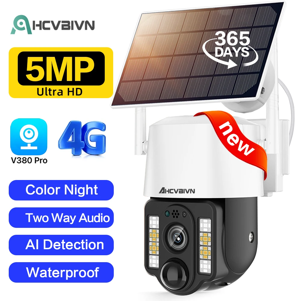 Ahcvbivn 5Mp 4G Sim Card Ptz Ip Camera Cctv Pir Motion Detection Telecamera Di Sorveglianza Solare Impermeabile 30M Visione Notturna Colorata