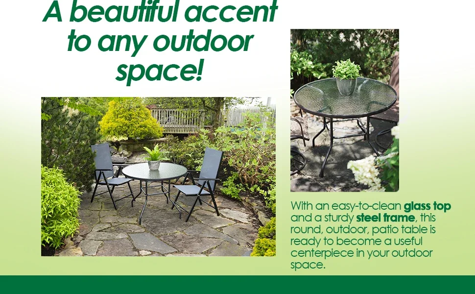 Garden Elements Charcoal Round Glass Top Table Bottom Tile