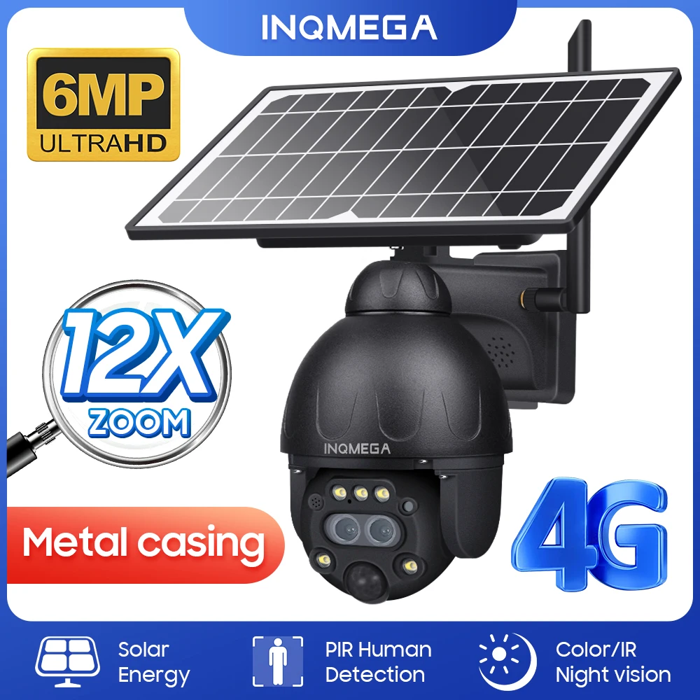 6MP Solar Powered Camera 12X Optical and Digtal Zoom 4G Outdoor SIM Card Cam PIR Dection with Solar Panel Extend Cable WIFI