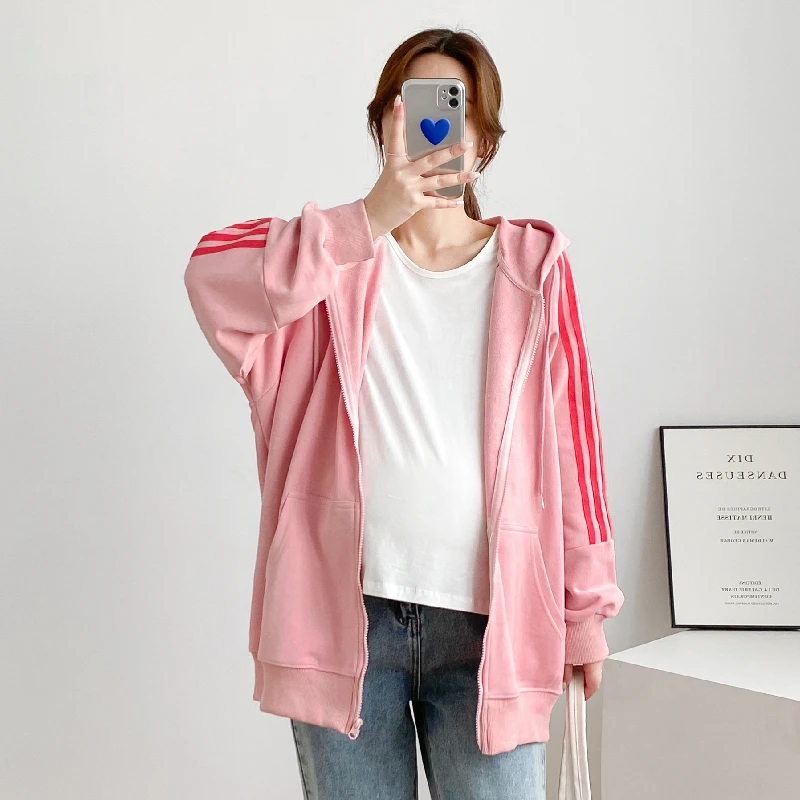 

Maternity Coat Pink Hooded Cardigan Sweater Zip-Up Side Strip Mother-to-be Hoodies Spring Autumn Clothes For Pregnan 9161