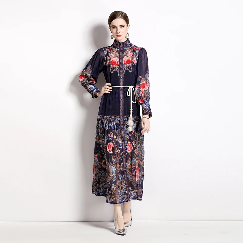 

2023 New Fashion Chiffon Printed Dress Women's Summer Retro Versatile Loose Fit Long Sleeve Leisure Vacation Vestidos